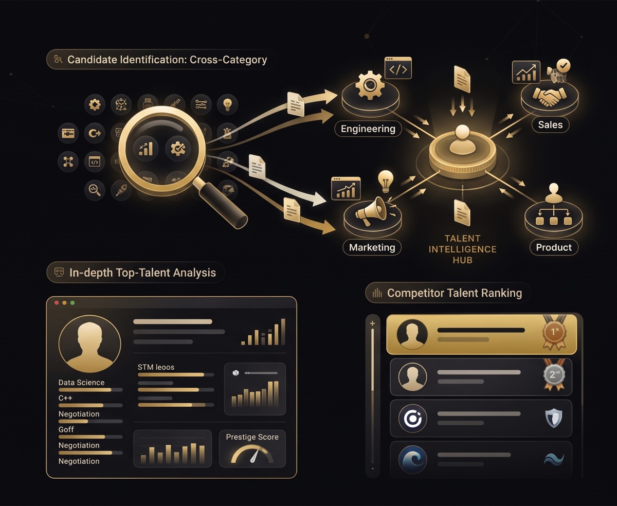 Diagram of OneForce's talent intelligence hub connecting candidate identification, top-talent analysis, and competitor talent ranking across engineering, sales, marketing, and product